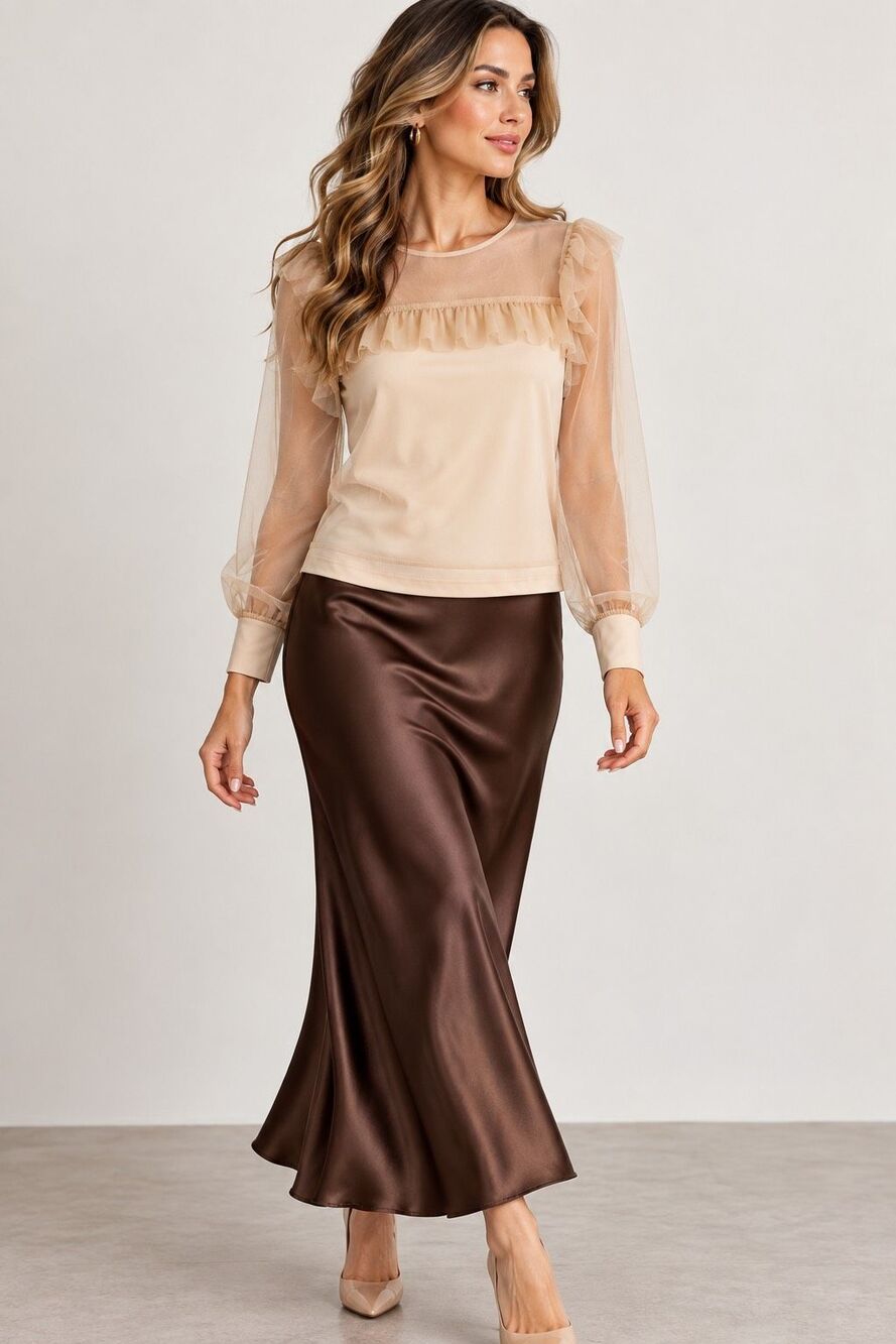 NWT CBR Italian BohemianCream Sheer Mesh Ruffle Blouse Womens Size M